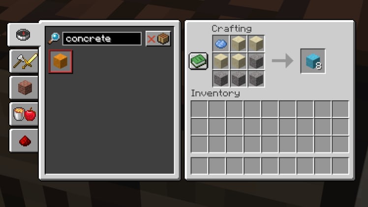 Minecraft crafting interface showing four sand, four gravel and one blue dye producing eight blue concrete powder