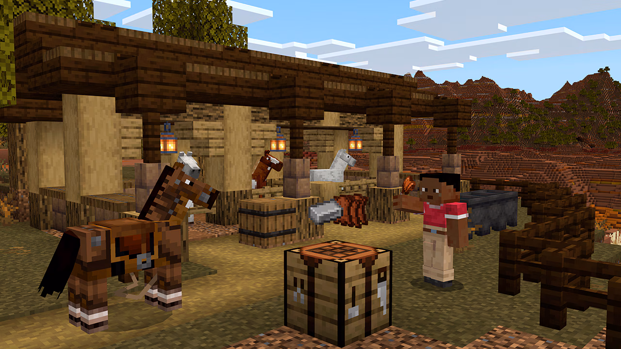 Minecraft player crafting a saddle beside a stable filled with horses