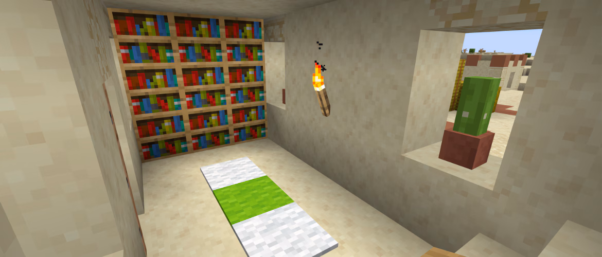Minecraft desert village library with bookshelves, a torch and a potted cactus